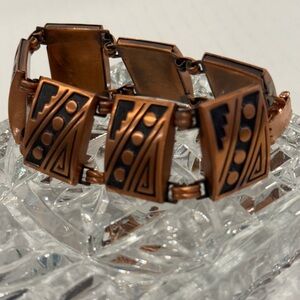 Vintage Sol Jewelry Mid-Century Modern Copper Link Bracelet with Tribal Pattern